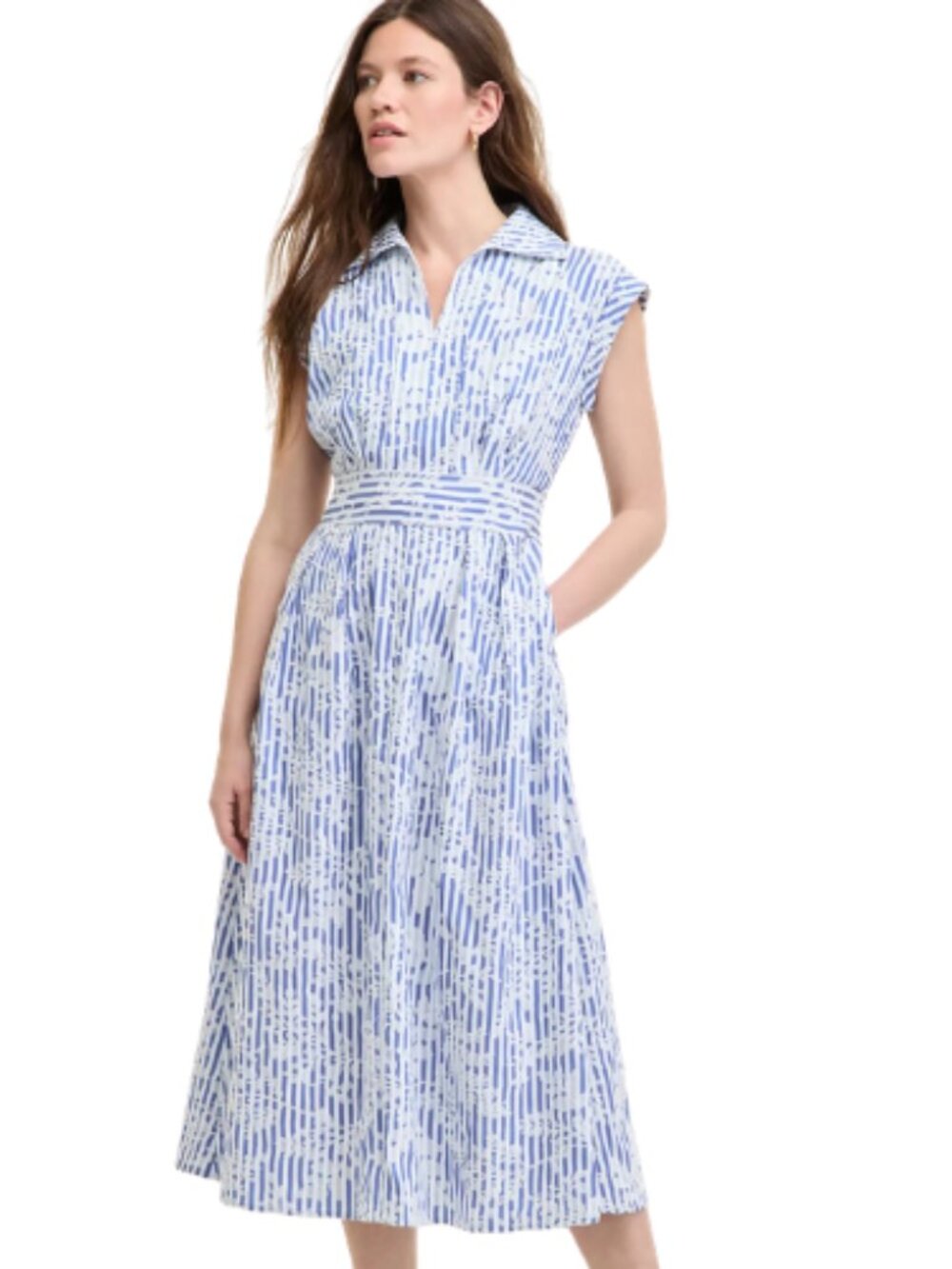 Kensie Blue White Striped A-Line Floral V Neck Midi Dress Size 2